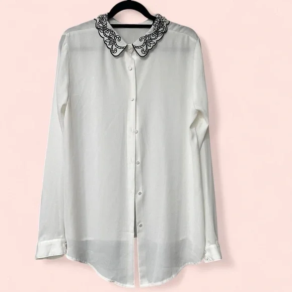 Forever 21 Sheer White Blouse with Black Floral Collar - Picture 1 of 8
